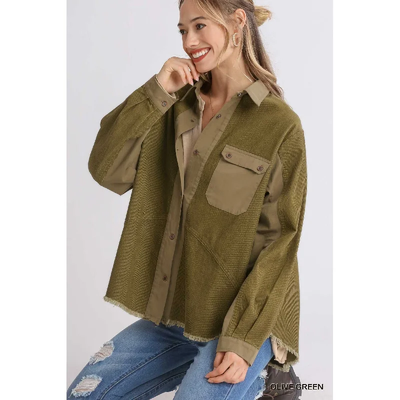 Corduroy Collared Button Down Jacket Three-Quarter Sleeve Elbow Sleeve Wrist Sleeve