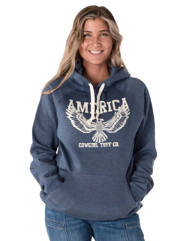 Cowgirl Tuff Womens America Eagle Navy Poly/Rayon Hoodie Recycled Down Jacket