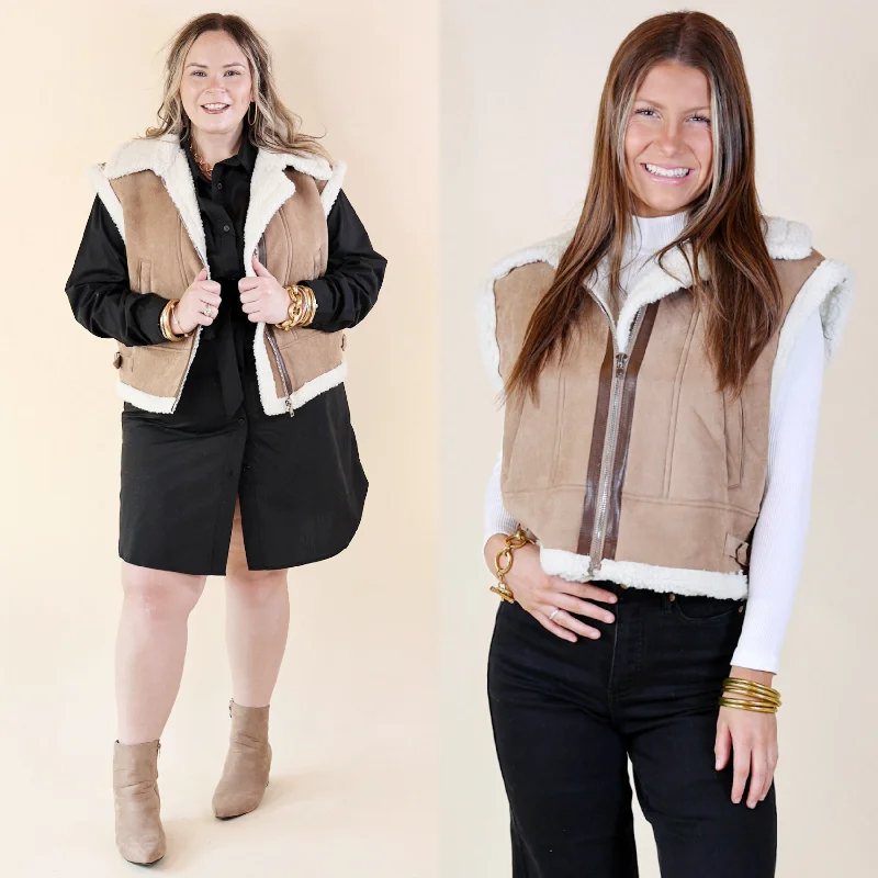 Cozy Outing Sherpa Lined Suede Vest in Light Tan Tiered Jacket Buttoned Jacket Zippered Jacket