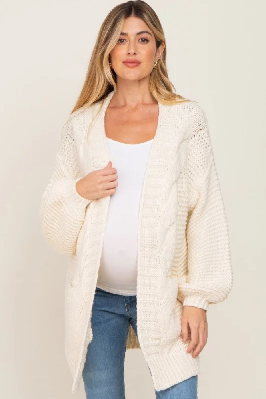 Cream Cable Knit Front Pocket Maternity Cardigan Fuzzy Sherpa Pullover