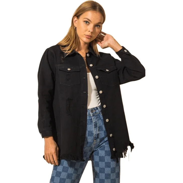 Distressed Denim Button Down Shacket Kimono Robe Cloak