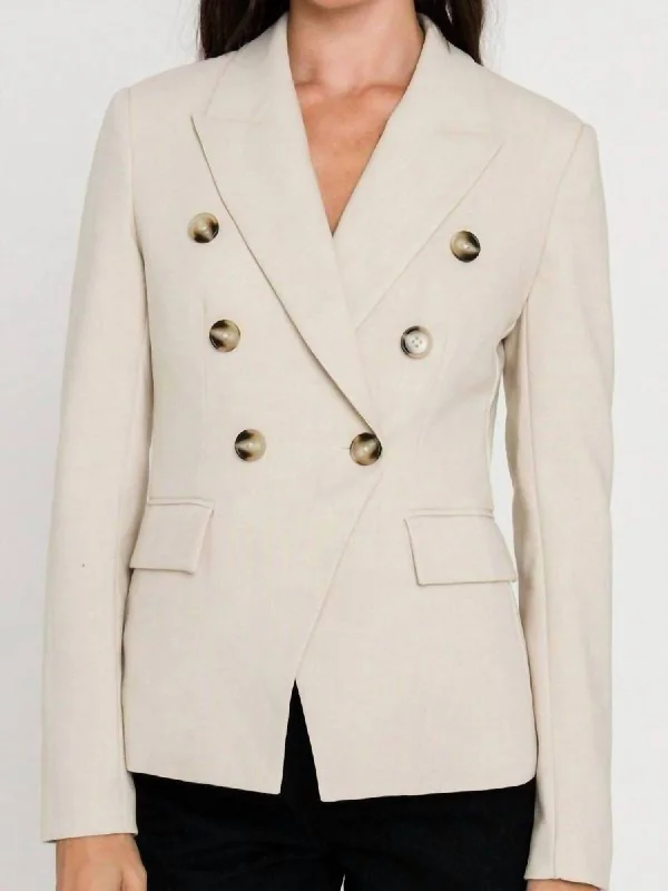 Double Breasted Blazer In Beige Welt Pockets Slit Pockets Flap Pockets