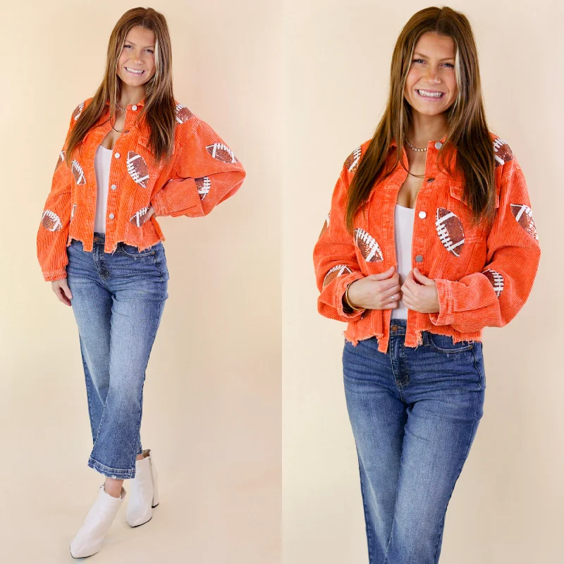 Gameday Ready Corduroy Shacket with Sequin Football Patches in Orange Print Jacket Jacquard Jacket Embroidered Jacket