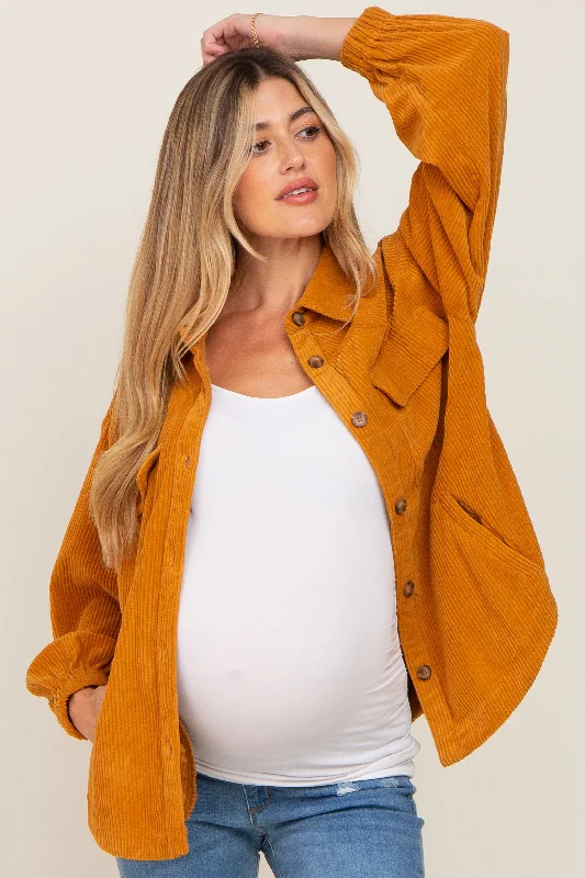 Gold Corduroy Front Pocket Maternity Shacket Cropped Moto Jacket