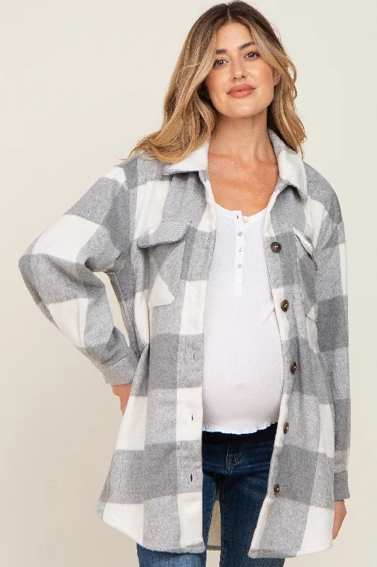 Grey Plaid Brushed Long Maternity Shacket Relaxed Fit Blazer