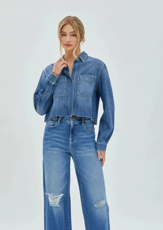 crop denim shacket Hook-and-Loop Buckled Tied