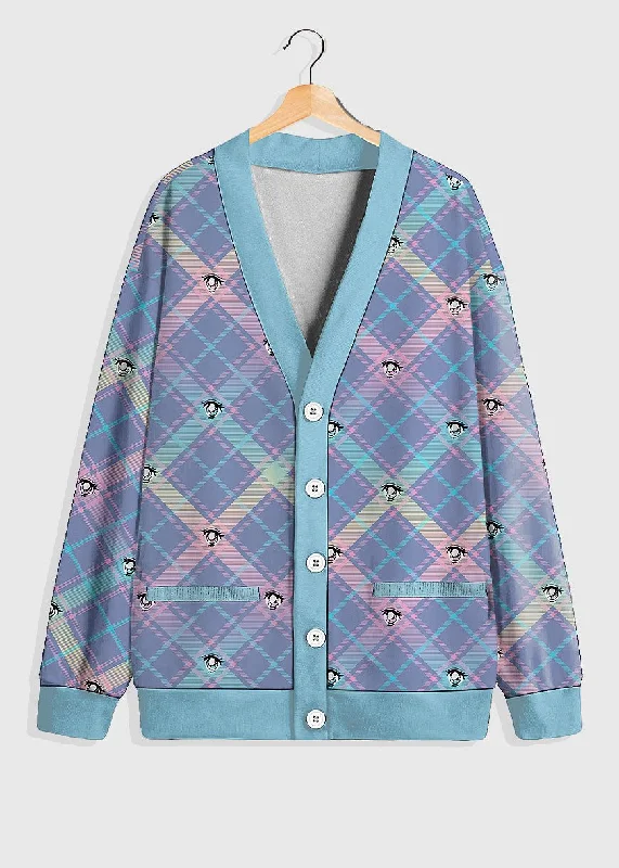 Kawaii Anime Eye Plaid  Fleece Cardigan Sweater Sequined Lace Ribbed