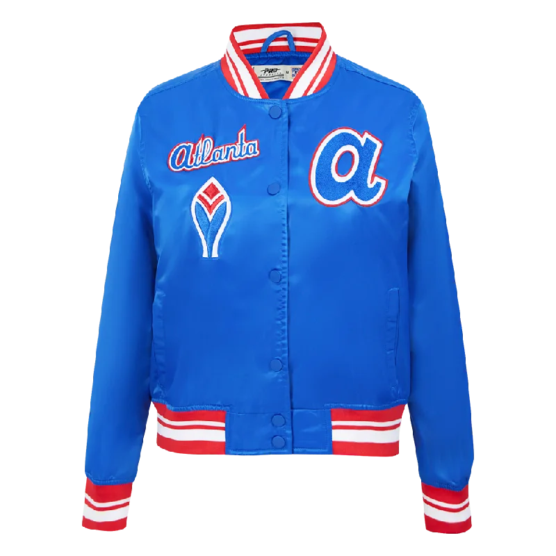 MLB ATLANTA BRAVES RETRO CLASSIC WOMEN'S RIB SATIN JACKET (ROYAL BLUE/RED) A-Line Swing Coat