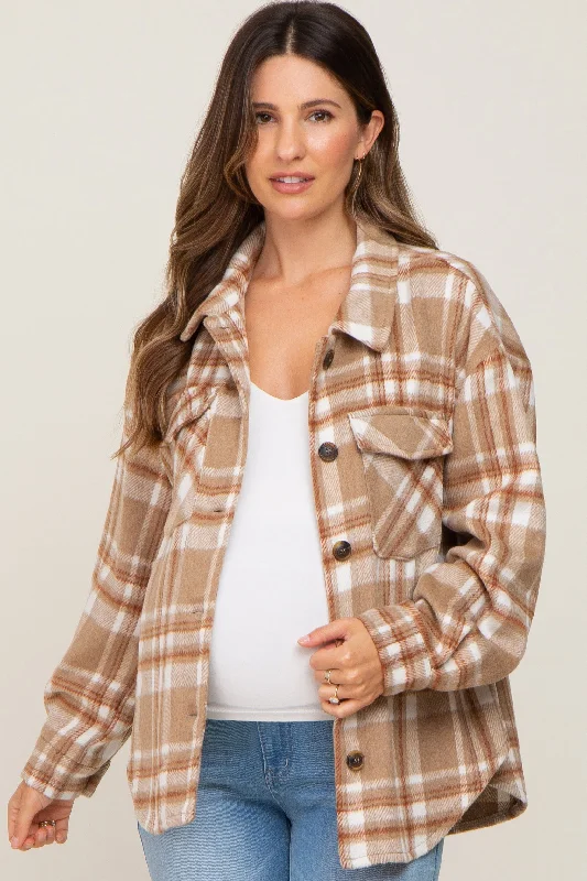 Light Mocha Plaid Front Pocket Maternity Shacket Relaxed Fit Blazer