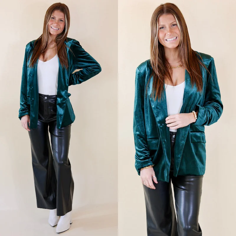 Touch Of Luxury Long Sleeve Velvet Blazer in Emerald Green Denim Jacket Leather Jacket Suede Jacket