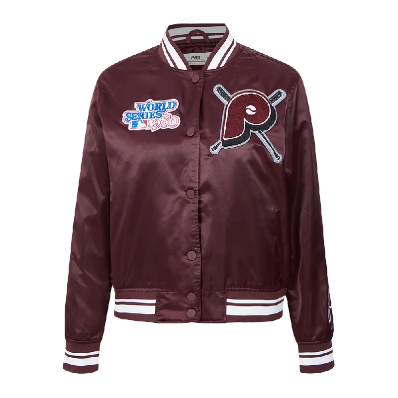 MLB PHILADELPHIA PHILLIES RETRO MASHUP WOMEN'S RIB SATIN JACKET (WINE) Stretchy Active Jacket