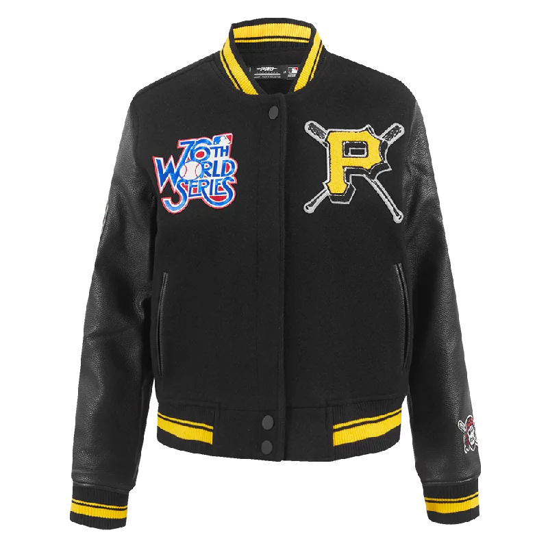 MLB PITTSBURGH PIRATES MASHUP WOMEN'S RIB WOOL VARSITY JACKET (BLACK/YELLOW) Relaxed Utility Shacket