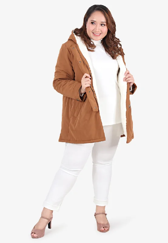 Wynter Warm Lined Winter Puffy Hoodie Jacket - Light Brown Fleece Fabric Down Fabric Feather Fabric