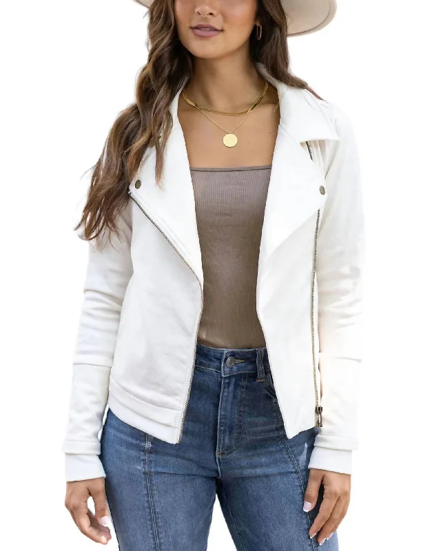 Move Free Leather-Like Moto Jacket In Cream Boat Neck Shawl Collar Notched Collar