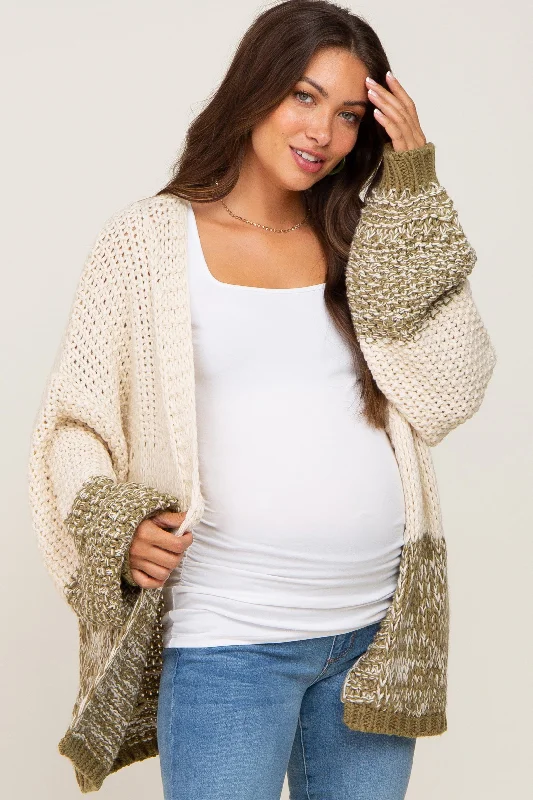 Olive Open Knit Color Block Maternity Cardigan Open-Knit Duster Coat