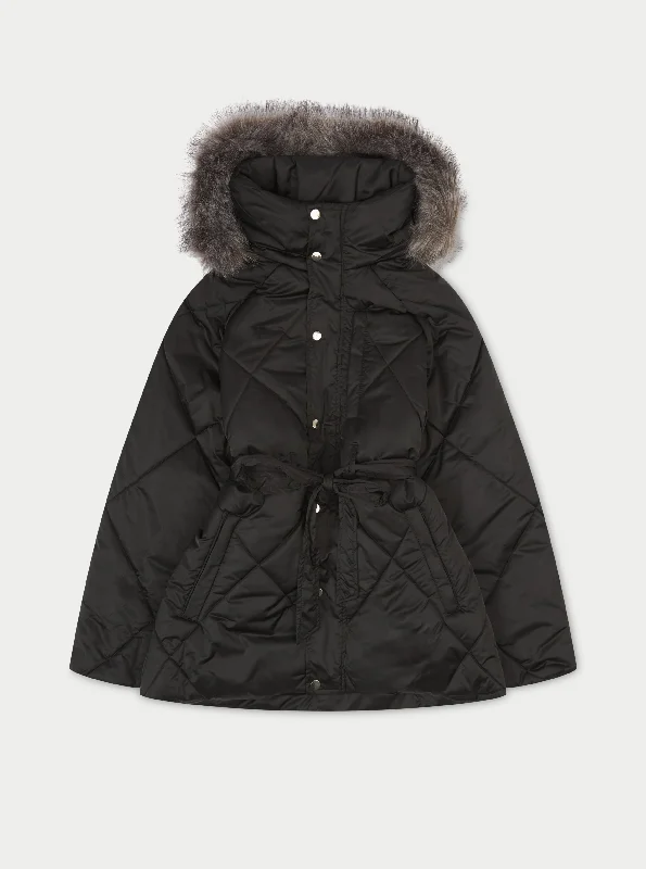 OVERSIZE FUR HOODED PARKA JACKET - BLACK * A-Line Jacket Boat Neck Shawl Collar