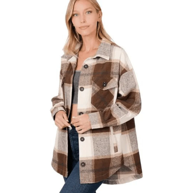 Oversized Yarn Dyed Plaid Shacket With Pockets Chenille Brocade Lace