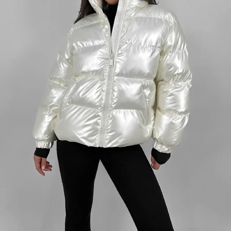 Pearl Sheen Puffer Coat In Ivory Rayon Fabric Velvet Fabric Corduroy Fabric