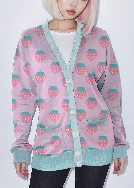 Pink Strawberry Kawaii Fleece Cardigan Chenille Brocade Lace