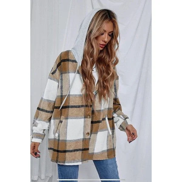 Plaid Drawstring Hooded Jacket Rayon Velvet Corduroy