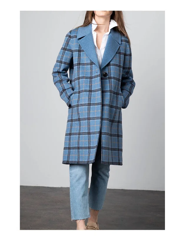 Plaid Notch Collar Coat In Blue Multi Satin Jacket Silk Jacket Chiffon Jacket