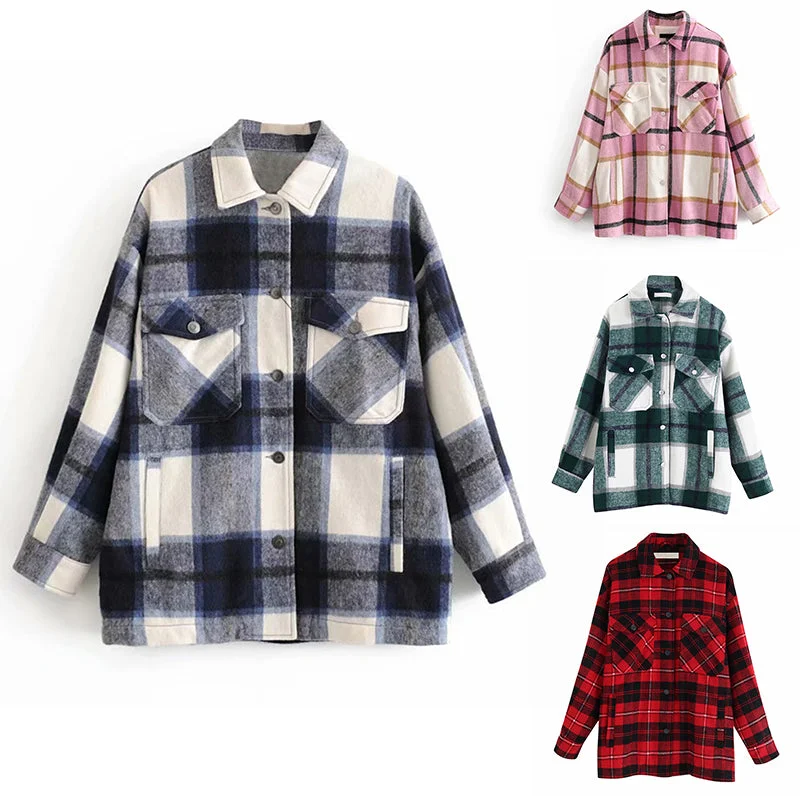 Plaid Overshirt Wool Blend Jacket Check Lapel Collar Long Sleeve Coat Women Oversized Pockets With Flaps Button Jackets Tops Satin Fabric Silk Fabric Chiffon Fabric