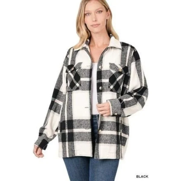 Plaid oversized shacket with pockets Parka Down Jacket Wool Coat