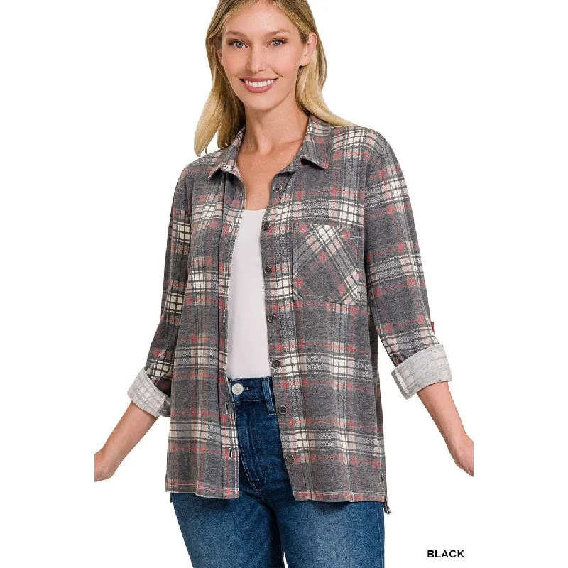 Plaid Roll-up Long Sleeve Shacket Down Puffer Quilted