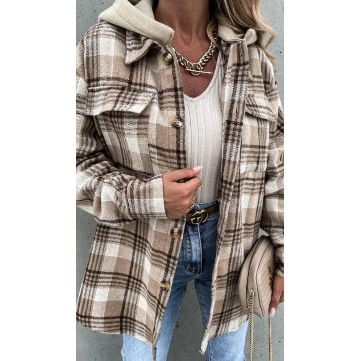 Plaid Shacket Jacket Coat With Detachable Hood Bodycon Sheath Shift