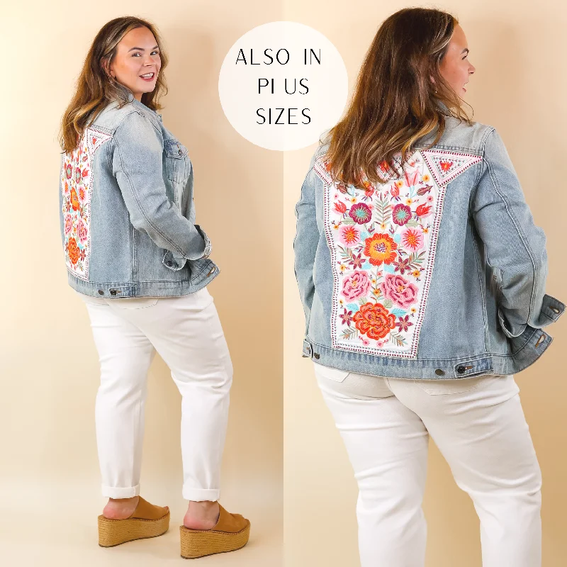 Prime Time Floral Embroidered Denim Jacket in Light Wash Oversized Jacket Tailored Jacket Straight Jacket