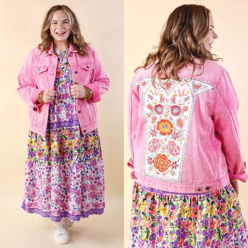 Prime Time Floral Embroidered Denim Jacket With Pockets in Pink Collared Jacket Crew Neck Jacket Turtle Neck Jacket