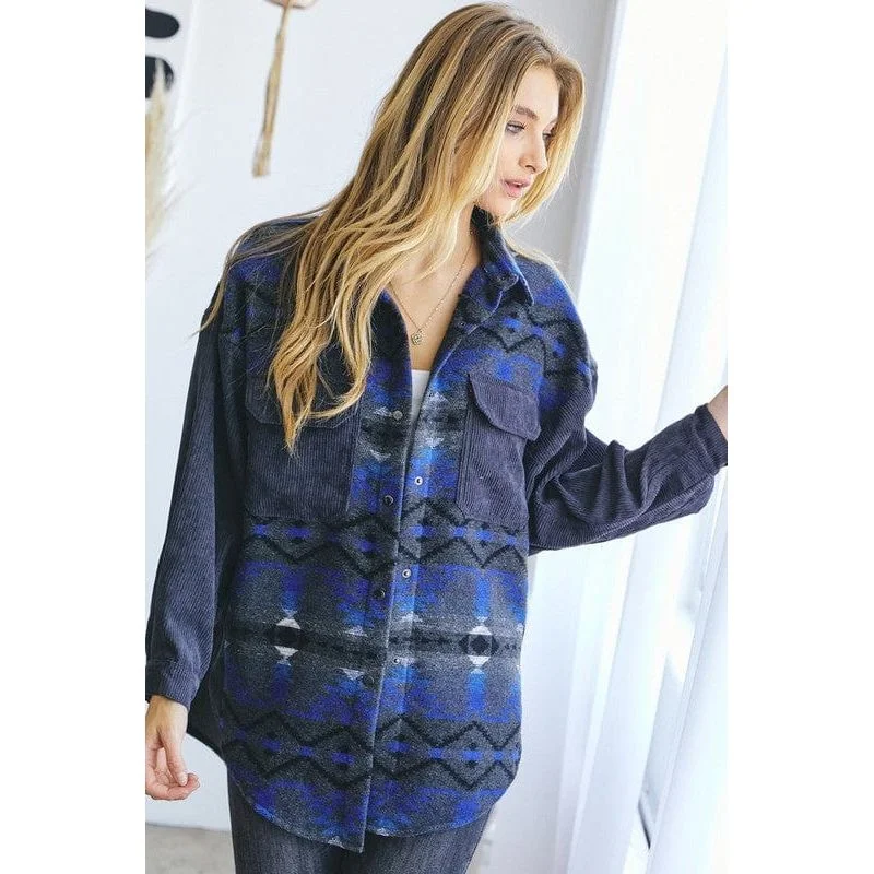 Printed button down long sleeve jacket Cotton Linen Terry