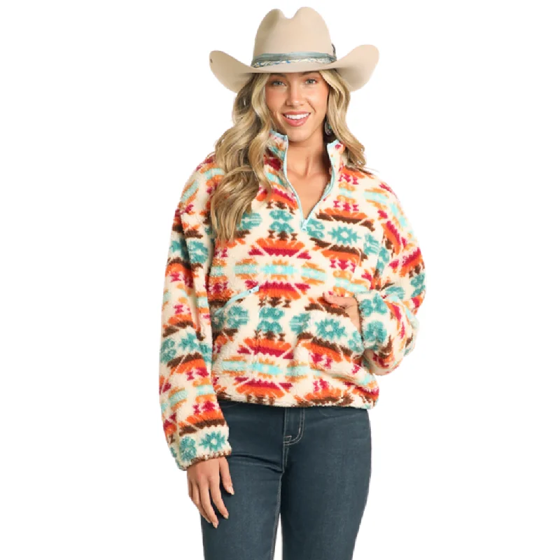 Quarter Zip Aztec Print Sherpa by Rock & Roll BW91C04476 Cozy Knitted Poncho