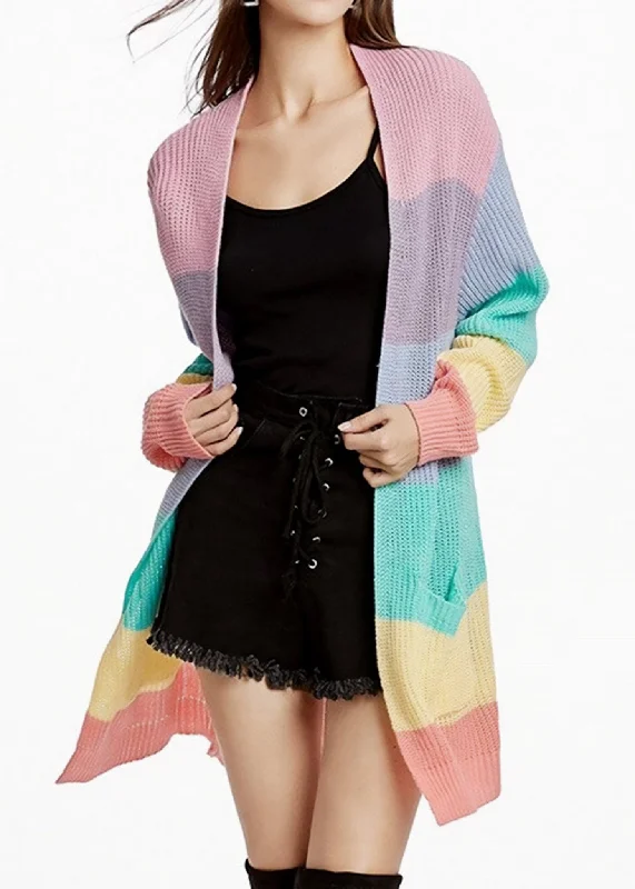 Rainbow striped long cardigan Sweater Zip Front Button Front Snap Front