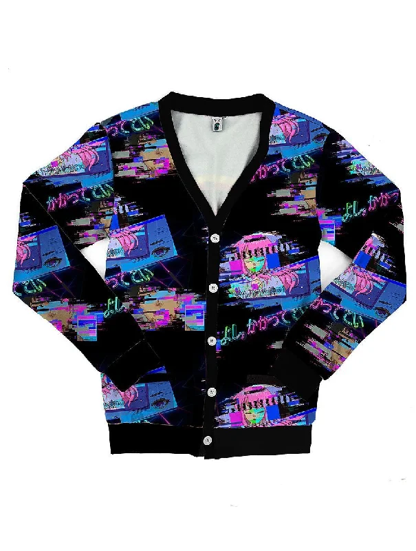 Retro Anime Glitchcore Cardigan Sweatshirt Front Pockets Side Pockets Patch Pockets