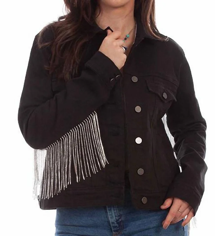 Rhinestone Fringe Denim Jacket In Black Snapped Jacket Toggled Jacket Drawstring Jacket