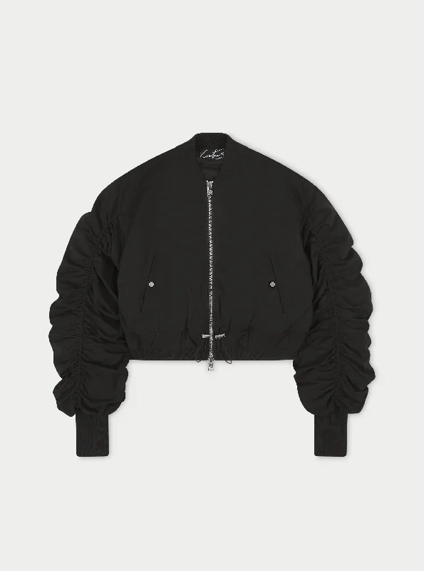 RUCHED DETAIL PEACHED BOMBER JACKET - BLACK Fleece Jacket Down Jacket Parka