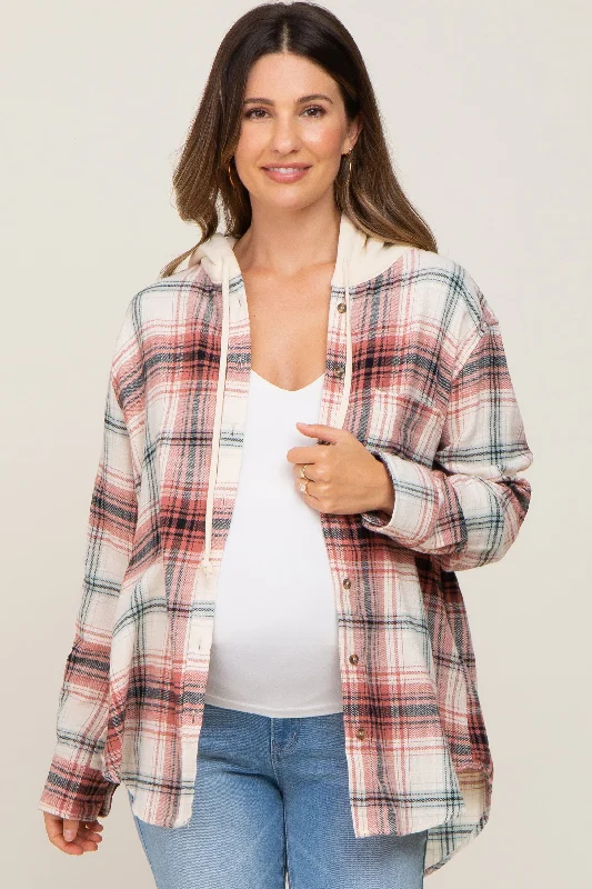 Rust Plaid Hooded Maternity Shirt Jacket Casual Open-Front Coat