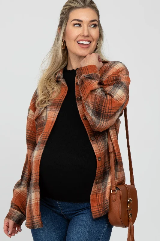 Rust Plaid Maternity Shacket Stretch Fit Moto Jacket