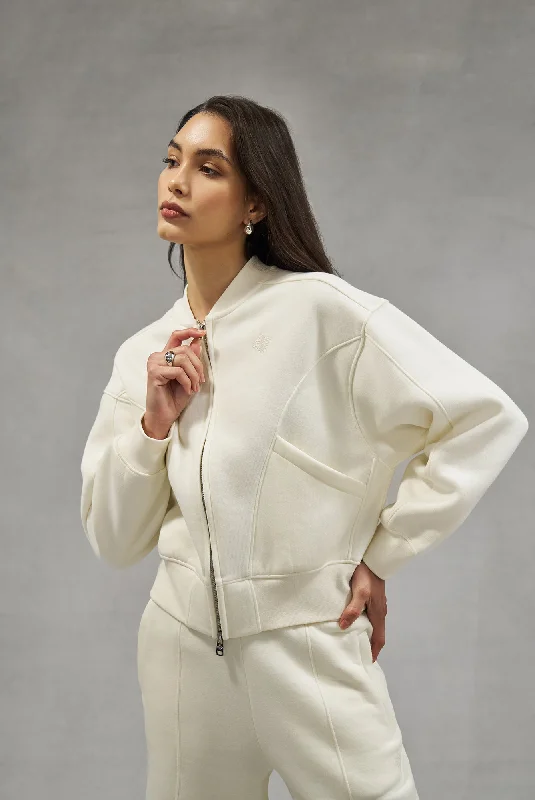 SEAM DETAIL OVERSIZED ZIP THROUGH BOMBER - OFF WHITE Front Pockets Side Pockets Patch Pockets