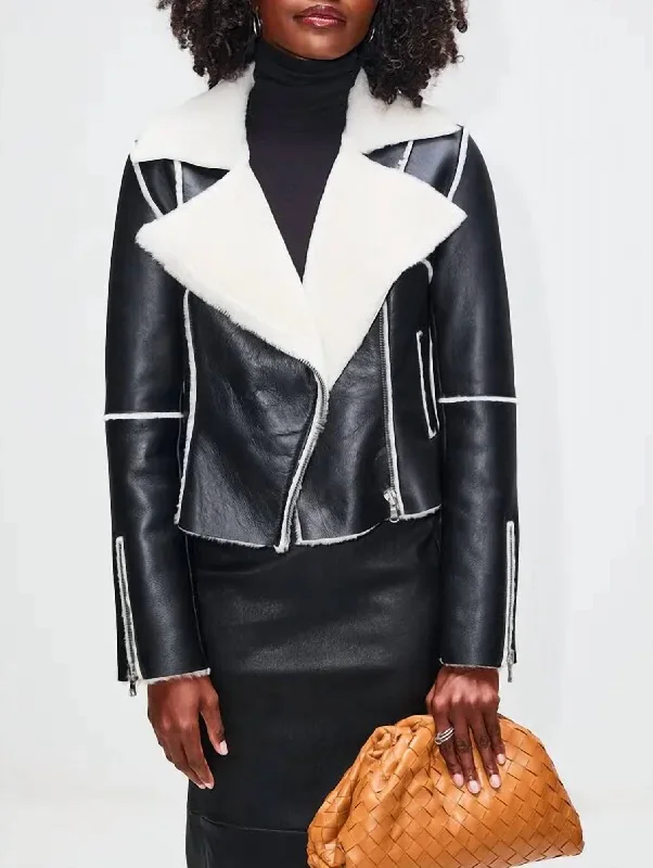 Shearling Biker Jacket In Black/ivory Tailored Jacket Straight Jacket A-Line Jacket