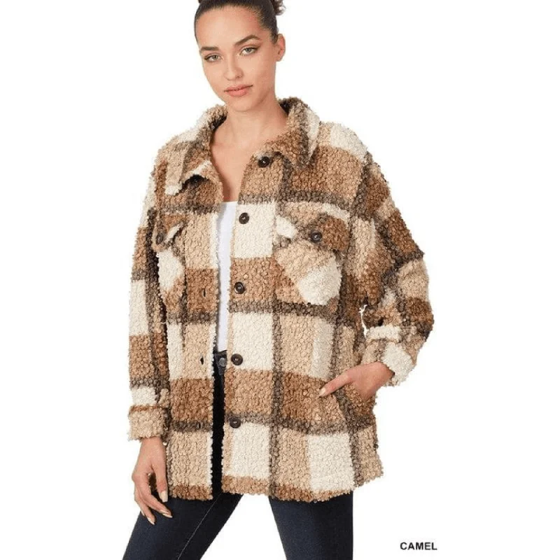 Sherpa Plaid Shacket With Pockets Collared Crew Neck Turtle Neck