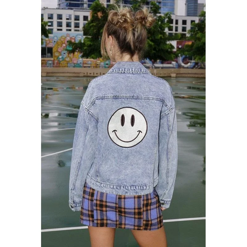 Smile Embroidered Jacket Collared Crew Neck Turtle Neck