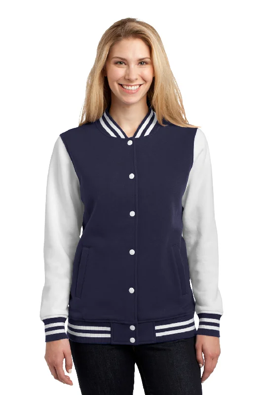 Sport-Tek Womens Snap Down Fleece Letterman Jacket - True Navy Blue/White - Closeout Belted Crossover Blazer