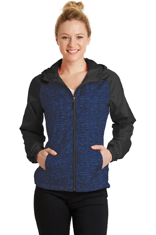 Sport-Tek Womens Wind & Water Resistant Full Zip Hooded Jacket - Heather True Royal Blue/Black - Closeout Sporty Zip-Up Jacket