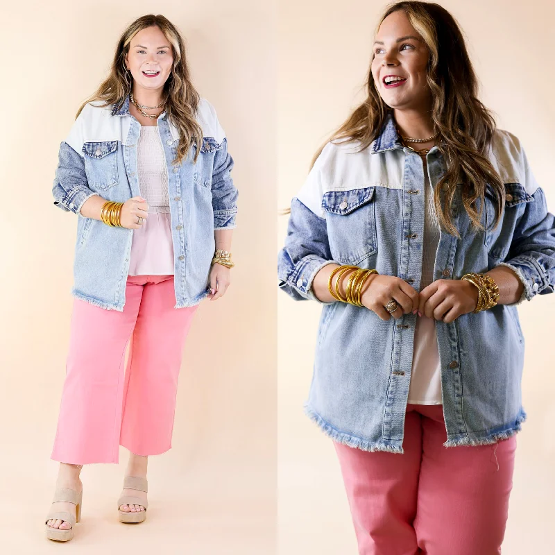 Style Mentor Color Block Button Up Jacket in Denim Insulated Jacket Fitted Jacket Loose Jacket