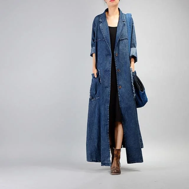 Vintage Denim Tassels Long Sleeve Coat Dress Outerwear for Women Hoodie Zip-Up Jacket Button-Up Jacket