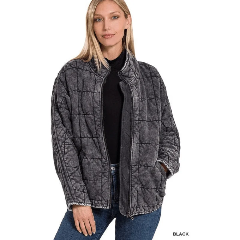 Women's Washed Dolman Quilted Jacket With Pockets Striped Polka Dot Floral