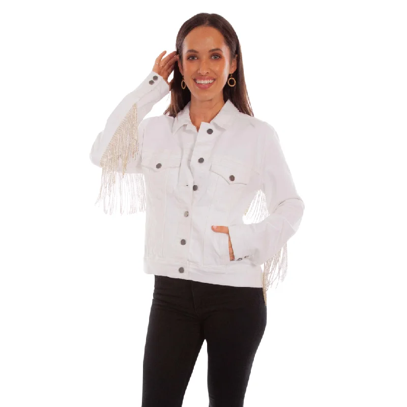 White Denim Fringe Bling Jacket by Scully HC792-WH Bold Color Block Coat