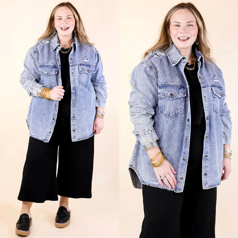 Wish and Wander Distressed Denim Button Up Shacket in Light Wash Hoodie Zip-Up Jacket Button-Up Jacket